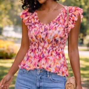 CeCe Floral Ruffle Sleeve Peplum Top Orange Pink Smocked Blouse Medium